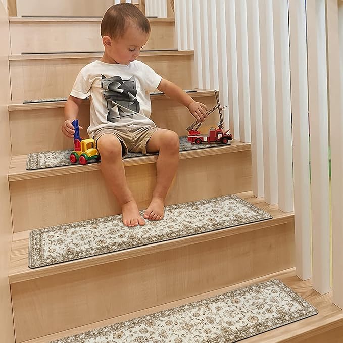 OJIA Vintage Stair Treads Non-Slip Stair Runners for Wooden Steps Indoor 15PCS 30"x8" Carpet Stair Treads Mats Staircase Step Treads for Kids, Elders and Dogs, Stair Covers, Beige