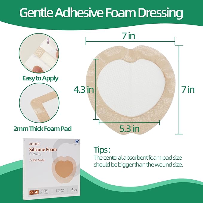 Jointown Foam Absorbent Wound Care Dressing, Adhesive Silicone Sacral Foam Dressing with Border, Waterproof Bed Sore Bandages, 7"x7", 5 PCS