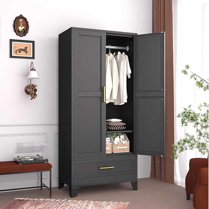 Metal Armoire Wardrobe Closet with Drawers,Storage Cabinet with Hanging Rod,71'' Metal Wardrobe Cabinet with 2 Doors and Adjustable Shelves for Bedroom, Laundry Room, Cloak Room