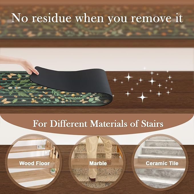 OJIA Black Stair Treads for Wooden Steps Indoor Stair Runners 15PCS 30"x8" Non Slip Stair Treads, Rubber Backed Insect Print Stair Mat Carpet Treads for Kids & Dogs, Stair Covers