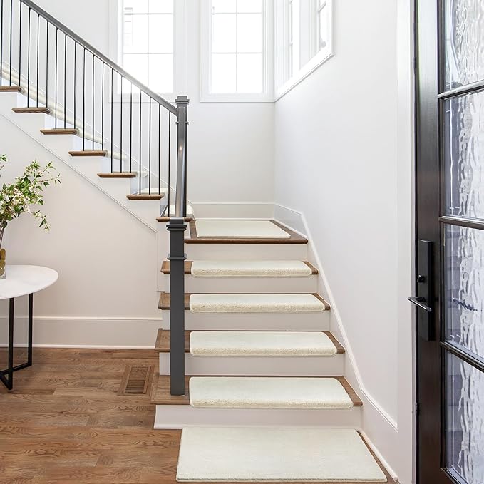 PURE ERA Carpet Stair Treads Ultra Plush 9.5" X 30"Soft Bullnose Indoor Stair Protectors Pet-Friendly Non-Slip Skid Resistant Tape Free Washable Reusable(7 Pieces,White)