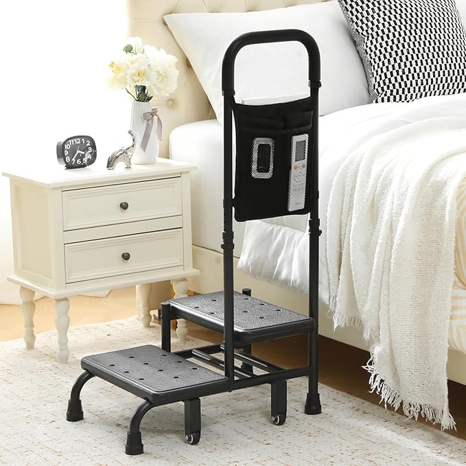 NOVII Step Stool with Wheels and Storage Bag for Elderly, 2 Step Stool with Handle,Adjustable Bed Steps for High Beds for Adults,Portable Footstool for Bedroom, Kitchen, Bathroom（Black）