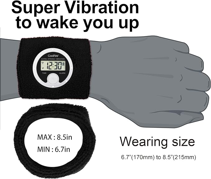 Coolfire - Vibrating Alarm Clock Sweatband, Silent Wake Yourself Up Wristband Vibrating Alarm Watch for Couples, Students, Easy to Set on User-Friendly App, Hearing Impaired, USB Chargeable (Black)