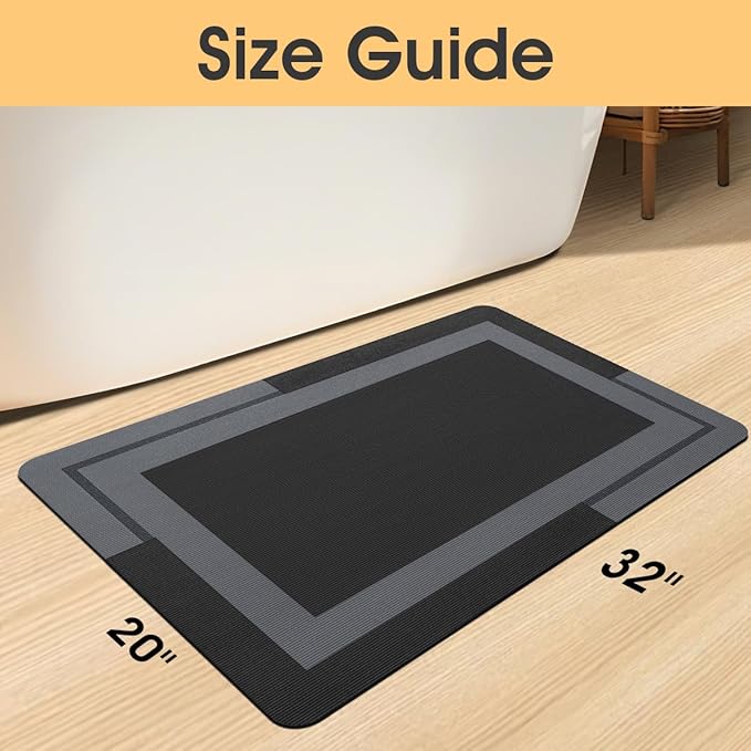 ACCUMTEK Ultra Thin Bath Mat, Upgrade Backing Non Slip Thin Bath Mats Fit Under Door, Quick Dry Ultra Absorbent Bathroom Rugs, Machine Washable Bath Rugs for Bathroom, Bathtub, Black/Bordered/32 x20