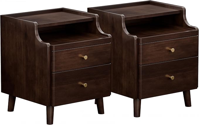 Narrow Nightstand with Drawers, Pre-Assembled Solid Wood Small Skinny Night Stand with Open Sliding Shelf Slim Bedside Table for Bedroom, Slim Side Table (2, Black Walnut, 16")