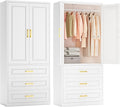 Metal Armoire Wardrobe Closet with Three Drawers, 71“ Tall Large Wardrobe Cabinet with Hanging Rod, Freestanding Wardrobe Cabinet with Doors and Shelves for Bedroom, White, Assemble Required