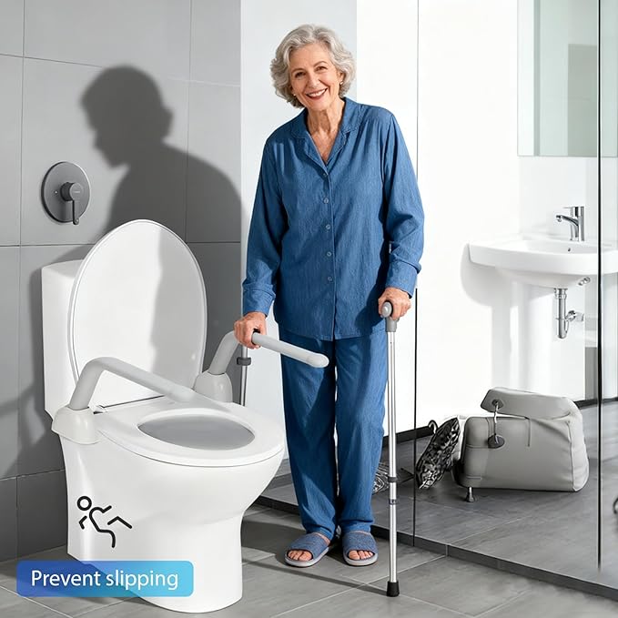 Toilet Safety Rails for Seniors, Adjustable Armrest, Space Saving, Stylish and Durable, Anti Slip and Anti Fall, Suitable for Elderly, Disabled, Pregnant Women with Armrest Toilet Safety Rail