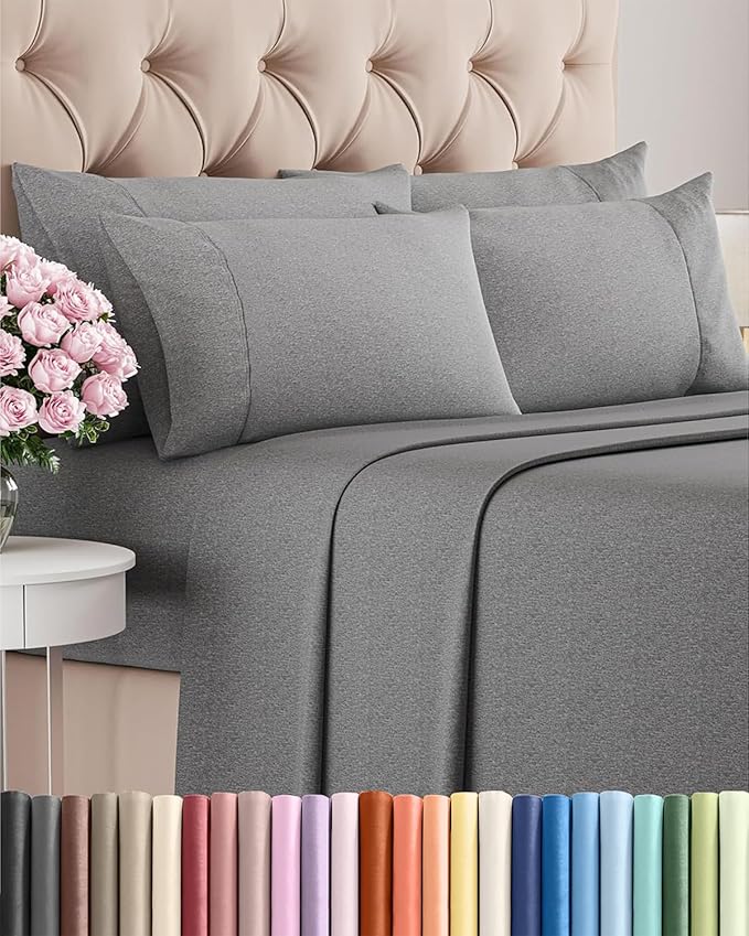 King 6 Piece Sheet Set - Cooling & Breathable Bed Sheets - Hotel Luxury Bed Sheets for Women, Men, Kids & Teens - Bedding w/Deep Pockets & Easy Fit - Soft & Wrinkle Free - King Heathered Grey Sheets