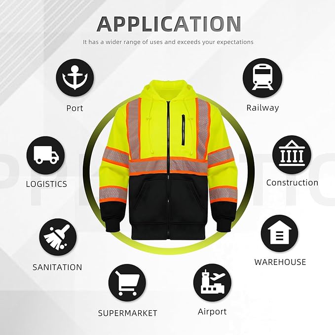 GLIMMR High Visibility Safety Hoodie Reflective ANSI Class 3 Sweatshirts for Men Hi Vis Construction Work Zipper Jackets