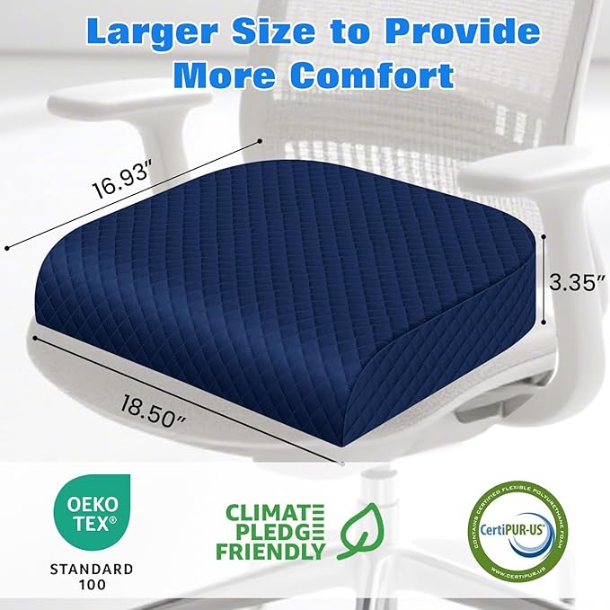Seat Cushion, Memory Foam Chair Pad, Non-Slip Cushion for Office, Home, Car, Large Desk Chair Cushion, Washable Cover & Handle, X-Large, Blue