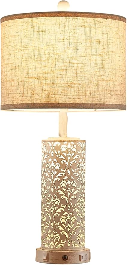 26" Farmhouse Table Lamp Dual Light, 3-Way Dimmable Touch Lamps, Rustic Nightstand Bedside Lamps with 2 USB Ports + AC Outlet, Modern Nightlight for Living Room Bedroom and Nightstand
