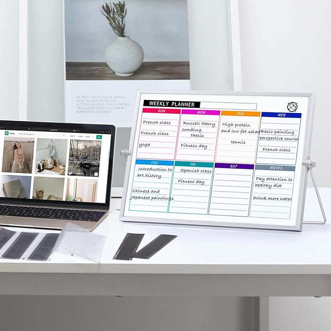 ARCOBIS Dry Erase White Board with Stand, 12" x 16" Weekly Double-Sided Desktop Whiteboard 10 Markers, 4 Magnets, 1 Eraser, Portable Magnetic Dry Erase Calendar for Planning, to Do List, Memo, School