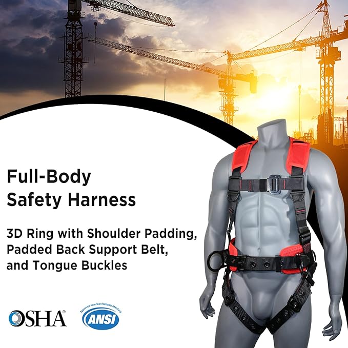 AFP Demon Comfortable Fall Protection Harness Kit – OSHA/ANSI PPE Full Body Safety Harness for Construction Work