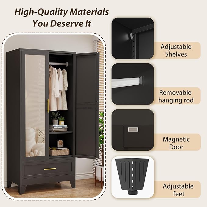 Metal Wardrobe Storage Cabinet with Mirror and Hanging Rod,71'' Metal Clothing Cabinet with 2 Doors and Drawer for Bedroom, Laundry Room, Cloak Room (Black)