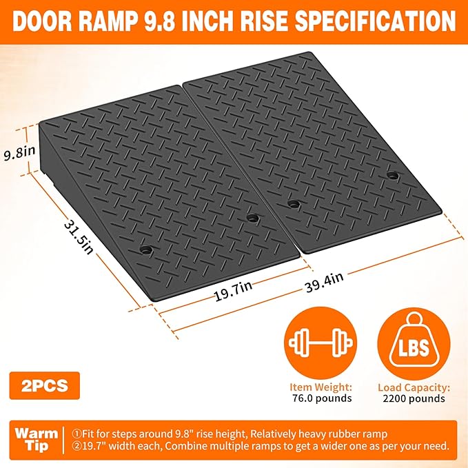 9.8" Rise Rubber Threshold ramp for Doorway/Cars, Step/Stair Rubber ramp with with Non-Slip Surface for wheelchairs/Curb/shed, 2200Pounds Load Capacity.