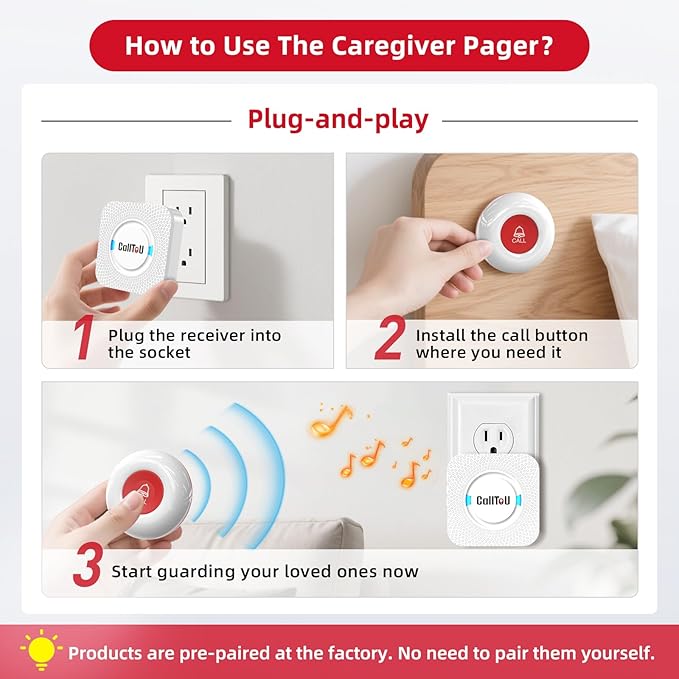 CallToU Wireless Caregiver Pager Smart Monitoring System Alert Buttons Hand Call Bell for Elderly Seniors Patients Nurse Disabled
