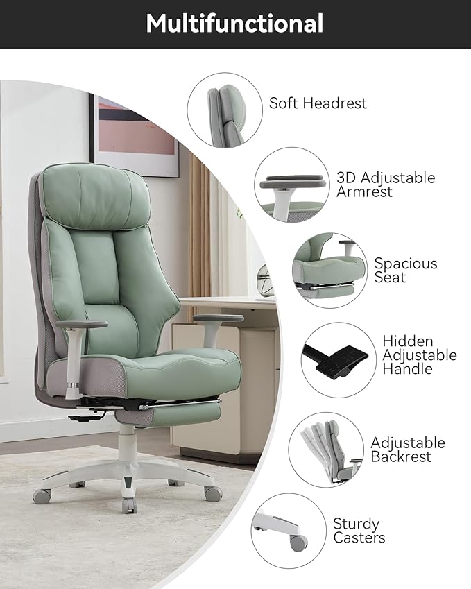 DJ·Wang Big and Tall Office Chair 400lbs with Foot Rest, High Back Executive Office Chair with Extra-Thick Spring Cushion, Ergonomic Leather Chairs Green