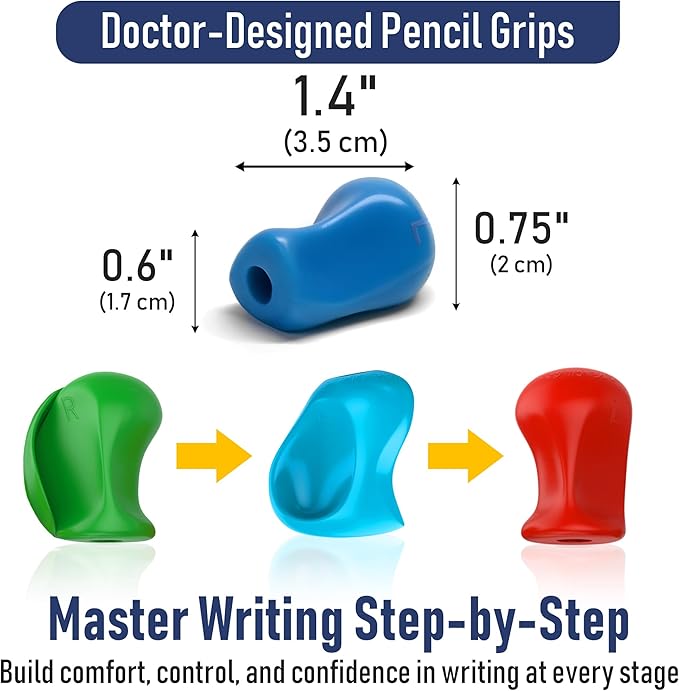 The Pencil Grip 3-Step Training Kit - Crossover Grip, Pinch Grip & Standard Pencil Grip Ergonomic Writing Aids for Kids, Students, Fine Motor Development, Assorted Colors, Pack of 3 Grips (1 per Type)