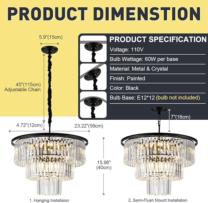 12 Lights 23.64" Black Modern Crystal Chandelier Crystal Pendant Ceiling Light Fixture 3-Tier Hanging Lighting for Dinning Room Bedroom Living Room Foyer