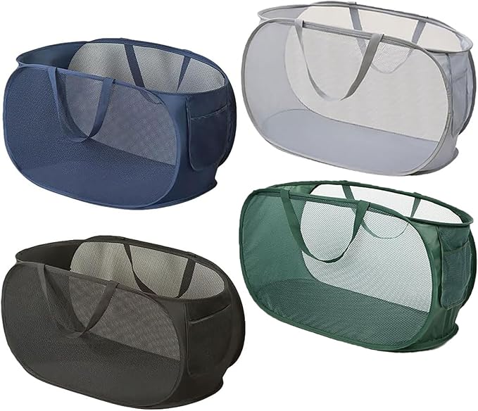 4 Piece Popup Mesh Laundry Basket Durable Handles Collapsible Laundry Baskets Folding Clothes Pastic Hamper for Laundry Room College Dorm (Gray/Black/Navy blue/Green)