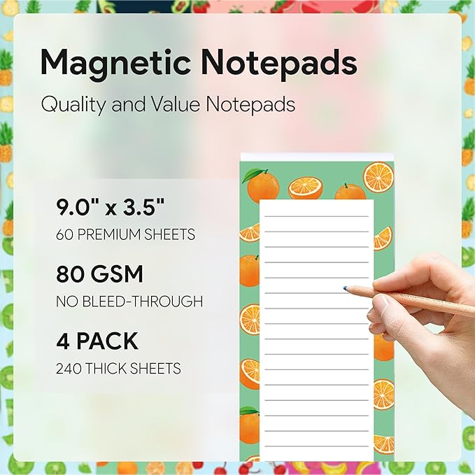 Magnetic Notepads – Notepads for Grocery List, Shopping List, To-Do List, Reminders -Strong Magnetic Back- Memo Notepad | 4 pack Large | Fruit Style 2