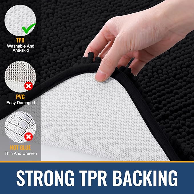 Arotive Bathroom Toilet Rugs U Shaped 24x20, Extra Soft Absorbent Shaggy Chenille Contour Bath Rugs for Toilet, Machine Washable Non-Slip Contoured Bath Mats, Black