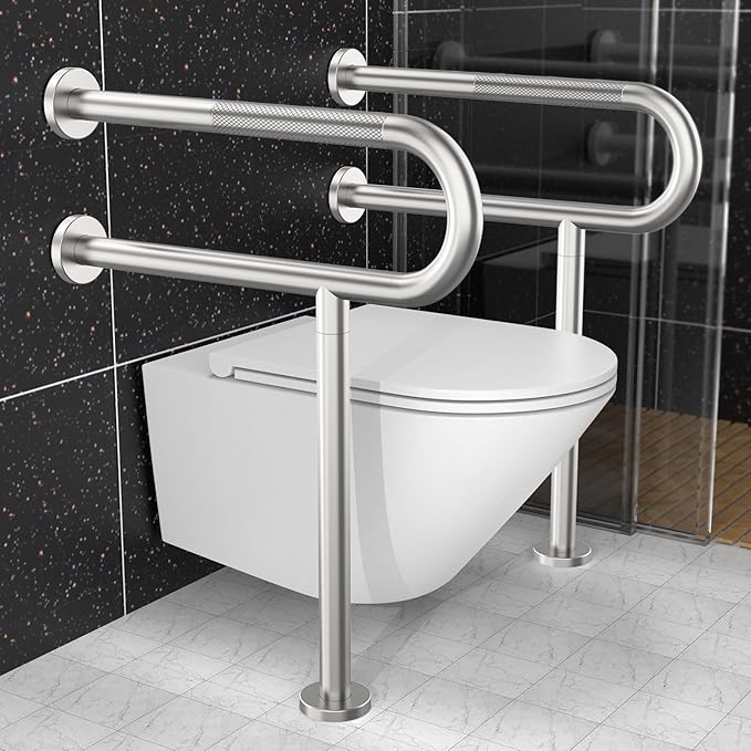 Toilet Support Rail 23.4X 28 Inch, Munzong Anti-Slip Satin Brushed Nickel Handicap Grab Bar for Bathroom, Stainless Steel Knurled Safety handrails with Leg for Elderly Disabled Pregnant-1.25’Tube