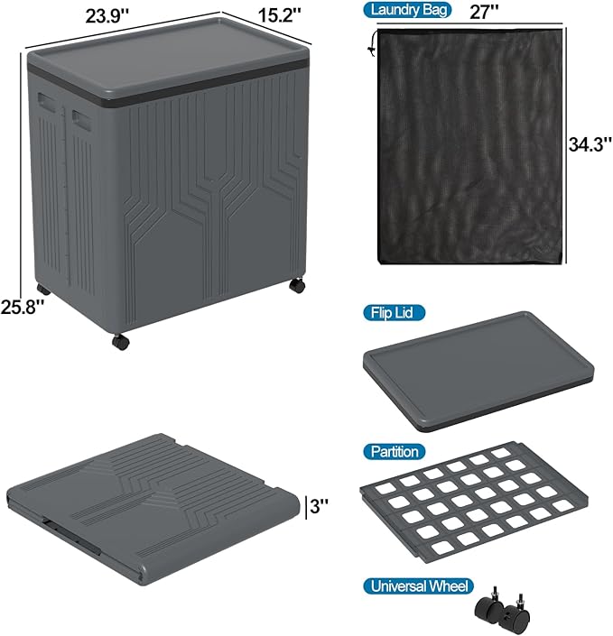 120 L Collapsible Plastic Double Laundry Hamper with Wheels and Removable Bags, Gray, 1 Pack