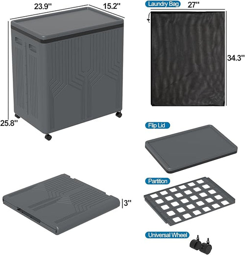 120 L Collapsible Plastic Double Laundry Hamper with Wheels and Removable Bags, Gray, 1 Pack