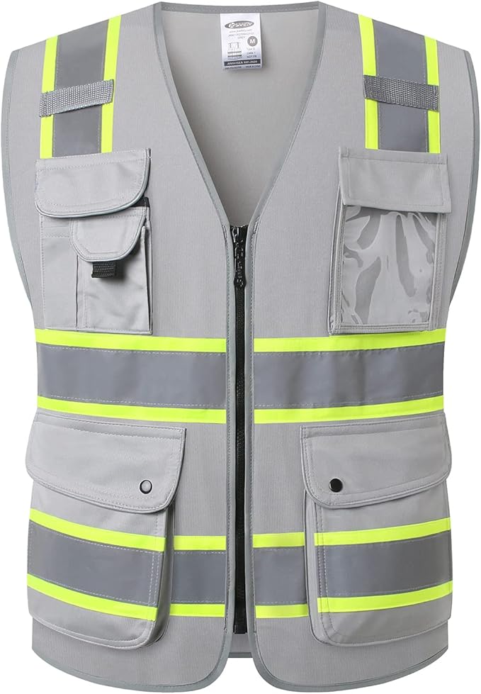 JKSafety 9 Pockets Hi-Vis Fluorescent Color Zipper Front Safety Vest with Neon Color Extended Yellow Trims for Men and Women Work Safety Utility (901-Grey 5XL)