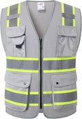 JKSafety 9 Pockets Hi-Vis Fluorescent Color Zipper Front Safety Vest with Neon Color Extended Yellow Trims for Men and Women Work Safety Utility (901-Grey 3XL)