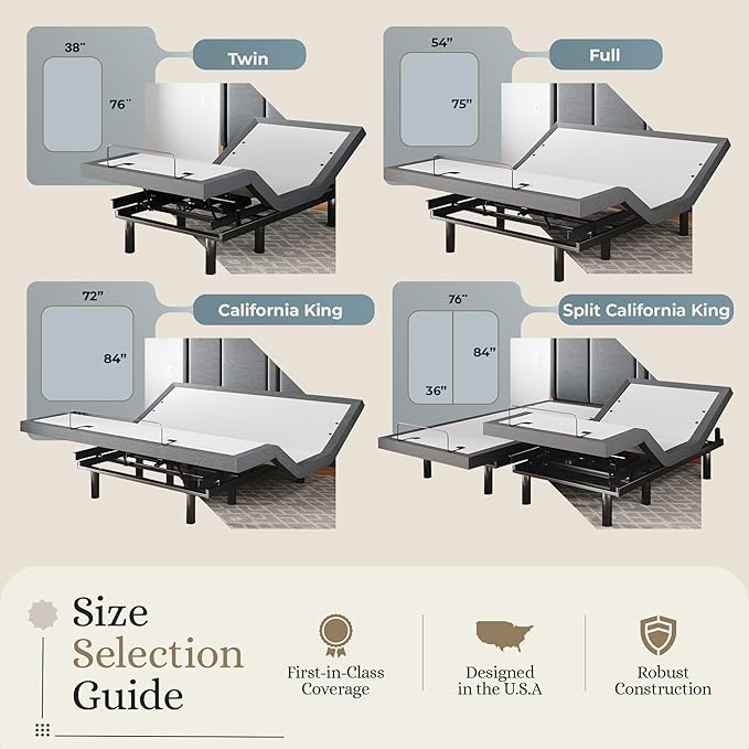 Sven & Son Classic Adjustable Bed Base, Head and Foot Lift, Massage, Under-Bed Lights, USB, Gel Memory, Zero Gravity Smart Frame - Full