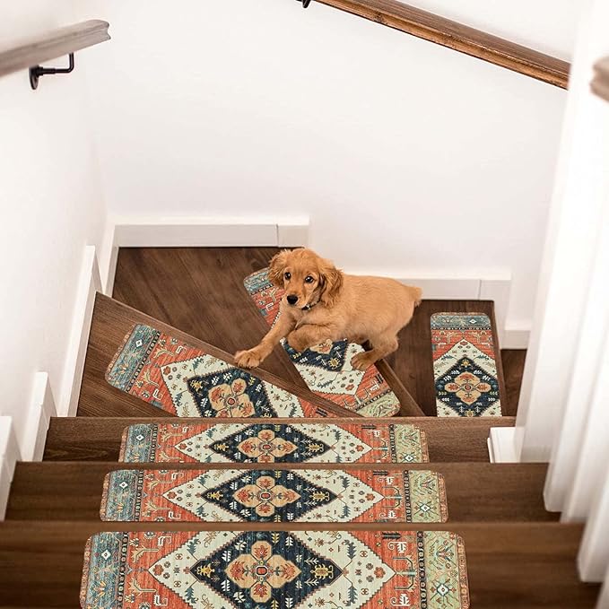OJIA Non-Slip Carpet Stair Treads for Wooden Steps Set of 15, 30''X8'' Indoor Runner Resistant Rugs Rubber Safety Mats for Dogs, Kids & Elders, Stairway Grip
