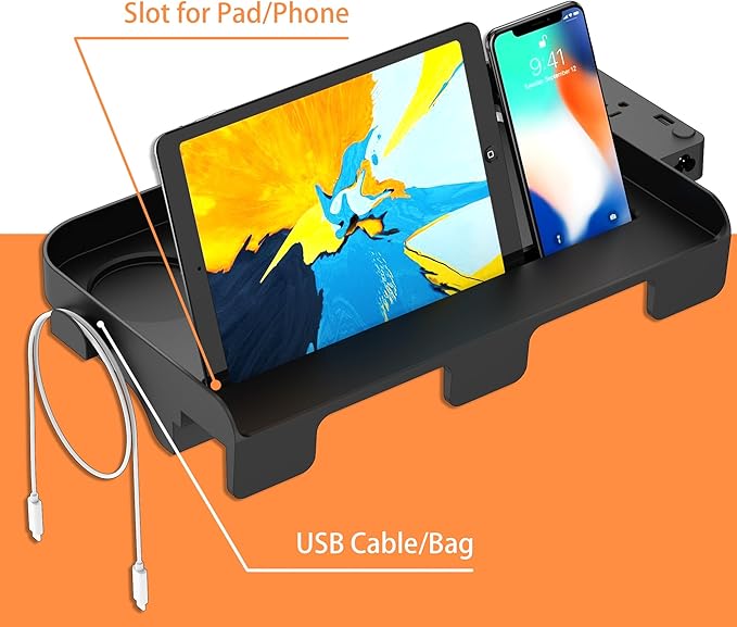 Bedside Shelf for Dorm Bunk Bed with USB Charging Port and AC Outlets, Bedside Caddy, Attachable Bedside Table, College Dorm Essential Clip On Bedside Tray, Bunk Bed Accessories, Plus Size, Black
