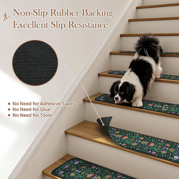 OJIA Floral Stair Treads Non Slip Stair Runners for Wooden Steps Indoor, 15PCS 8"x30" Rubber Backing Carpet Treads for Wood Stairs Staircase Step Treads for Kids & Dogs, Stair Covers, Green