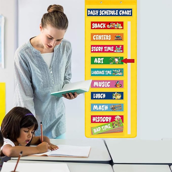 Classroom Schedule Pocket Chart - Visual Kids Daily Schedule Calendar, Interactive Teaching Tool, Colorful Organization Chart | Learning Education Home Use For Daycare Homeschool Teacher Kids toddlerr
