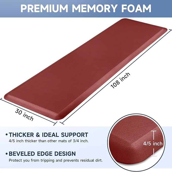 4/5 Inch Thick Kitchen Mats for Floor, StepRite Kitchen Rug for Standing Desk, Non-Slip, Thicker, Stain & Water Resistant, Comfort Anti Fatigue Floor Mat for Home, Kitchen, Office - Red,108 * 30''