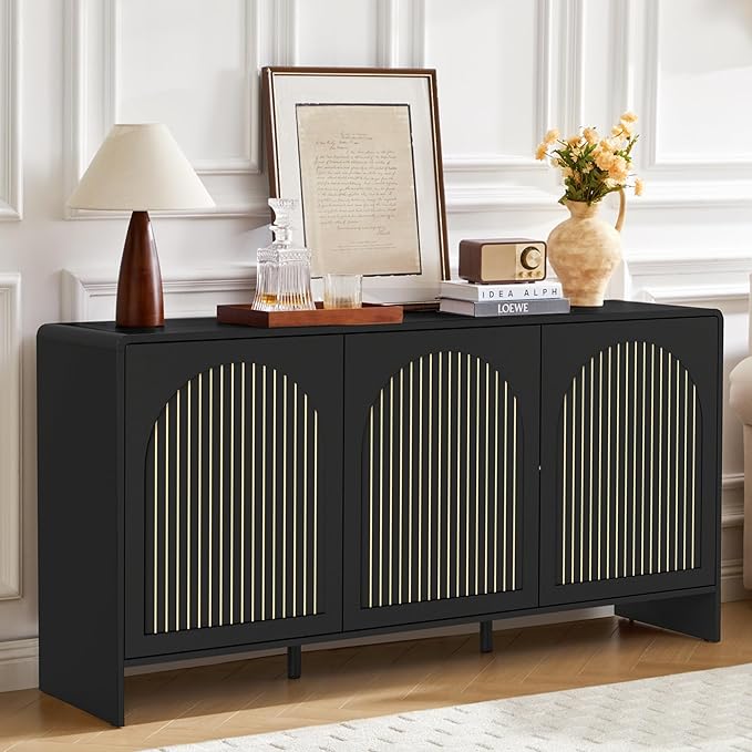59" Sideboard Buffet Cabinet with Storage, Wood Arched TV Console Storage Cabinet with 3 Doors and Adjustable Shelf, Large Curved Accent Cabinet for Living Room Hallway Kitchen Dining Room, Black