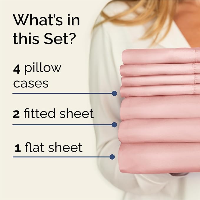 Split King 7 Piece Sheet Set - Cooling & Breathable Bed Sheets - Hotel Luxury Bed Sheets for Women, Men, Kids & Teens - Deep Pockets - Easy Fit - Soft and Wrinkle Free - Split King Baby Pink Sheets