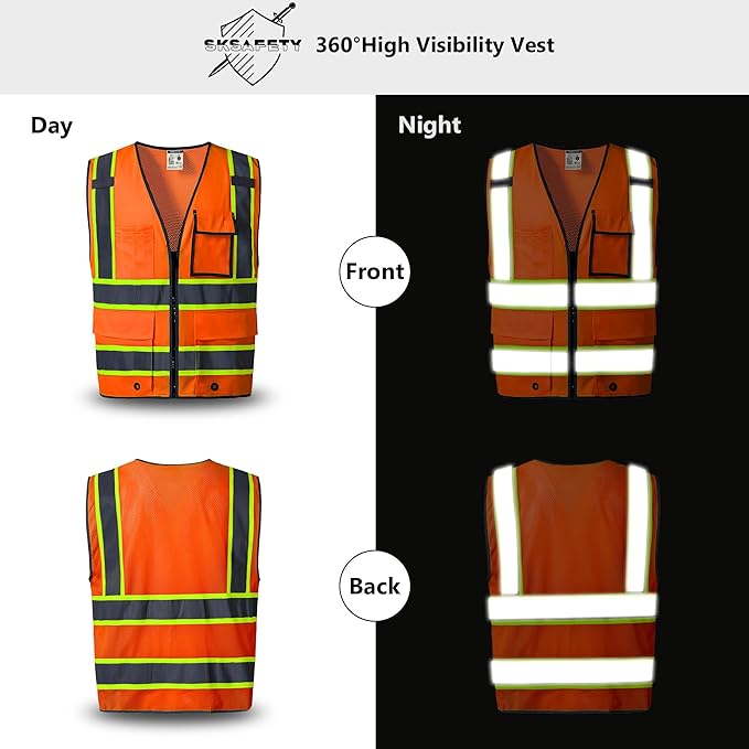 SKSAFETY 10 Pockets Safety Vest, Class 2 High Visibility Security with Zipper Back Mesh, Hi Vis Vest with Reflective Strips, ANSI/ISEA Standard, Construction Work Vest for Men ＆ Women （Orange, 3XL）