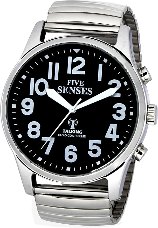 FIVE SENSES English Atomic Jumbo Size (43mm /1.75in) Metal Talking Watch with Loud Alarm Clock for Visually impaired, Elderly Person 1523 (Black)