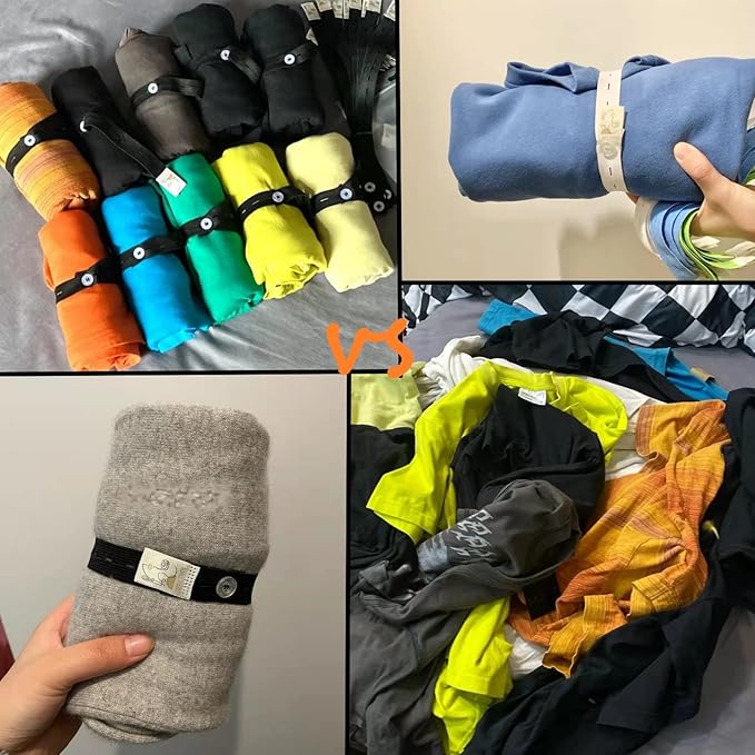 20Pcs Elastic Band with Buttonholes, Stretchable Connectable, Roll-up Clothes Storage Band, Adjustable Clothing Storage Strap with Button, Travel Luggage Space Saver, Drawer & Closet Organizer, Black