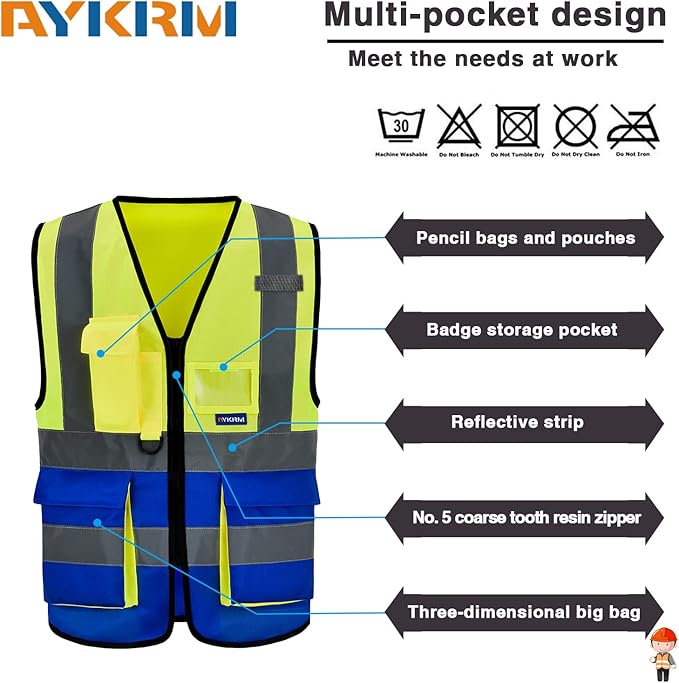 4XL 5XL Yellow Blue High Visibility REFLECTIVE WORK Safety Vest with zipper Reflective Strips 7 Pockets