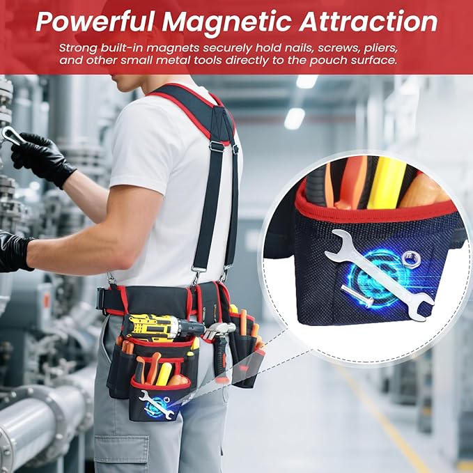 Tool Belt With Suspenders, Heavy Duty Magnetic Tool Belts for Men with 18 Pockets, Tool Belt with Adjustable 32 to 66 Inches Detachable Waist for Electricians, Carpenters, Framers, Black-Red