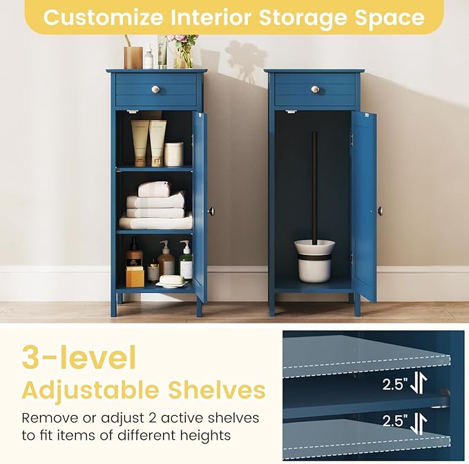 GLACER Bathroom Floor Cabinet, Multifunctional Storage Cabinet with 2 Adjustable Shelves, Space-Saving Storage Organizer, Ideal for Bathroom, Living Room, Kitchen (Blue)