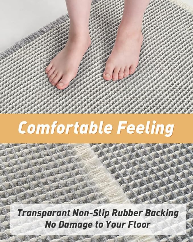 Upgraded Waffle Bath Mat, Super Absorbent Non Slip Bath Mats for Bathroom Floor, Machine Washable Bathroom Rugs with Tassels, Rubber Backed Bathroom Mats, Ultra Soft, 24" x 36",LightGrey & Cream