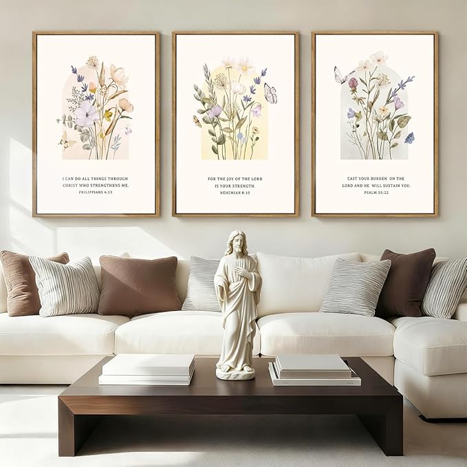 IARTTOP Large Floral Christian Wall Art Framed 16x24 Inch Set of 3 Bible Verse Scripture Artwork Minimalist Botanical Religious Canvas Wall Decor for Church Living room Bedroom