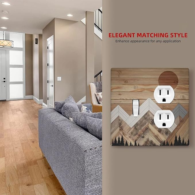 Wooden Planks Mosaic Snow Mountain Sun Wallplates 1 Toggle 1 Duplex Switch Plate Electrical GFCI Faceplate Decorative Light Switch Covers for Farmhouse Home Decor