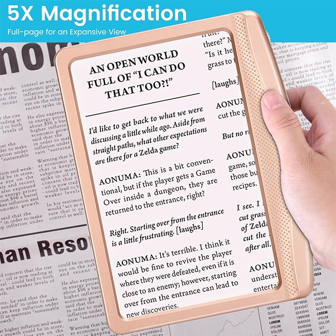 Rechargeable 5X Magnifying Glass for Reading, Large Bright Full Page Magnifier with Light, Handheld LED Dimmable Lighted, Lightweight Book Magnifier for Reading Prints Seniors - Rose Gold