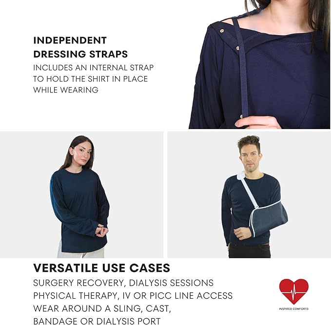 Inspired Comforts Unisex Post-Surgery/Dialysis Shirt | Full Tearaway Design with Easy-Open Shoulder, Arm & Side Snaps